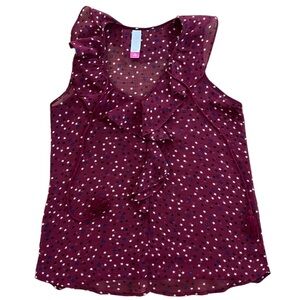 WOMENS AIRY LIGHTWEIGHT RUFFLE FRONT V-NECK SLEEVELESS SHEER TOP MAROON BLUE MED